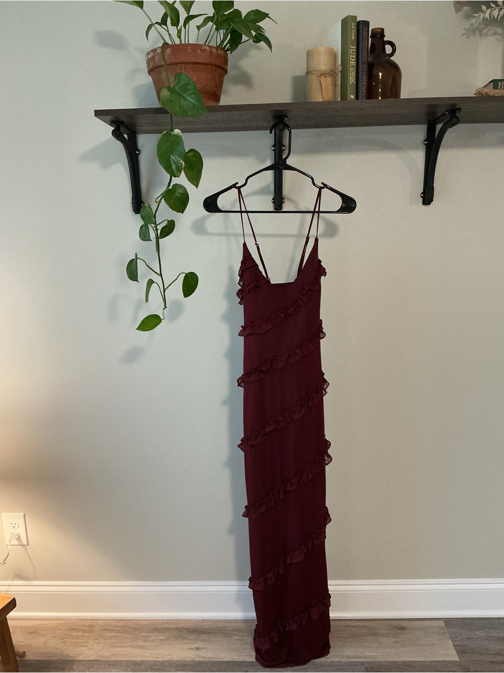 Azazie Burgundy Ruffle Maxi Dress